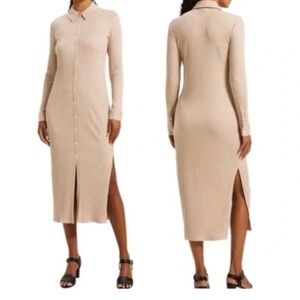 Theory Size L Cozy Knit Midi Ribbed Button-Down Collared Sweater Dress